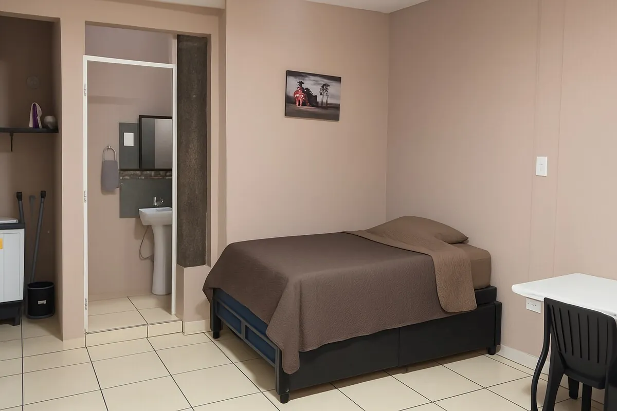 Cama matrimonial y baño